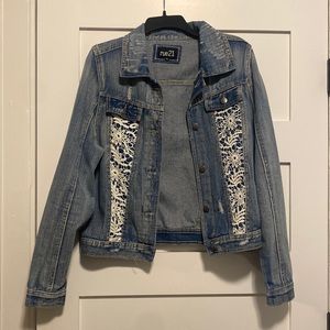 Distressed Medium-Wash Jean Jacket with Lace Detail